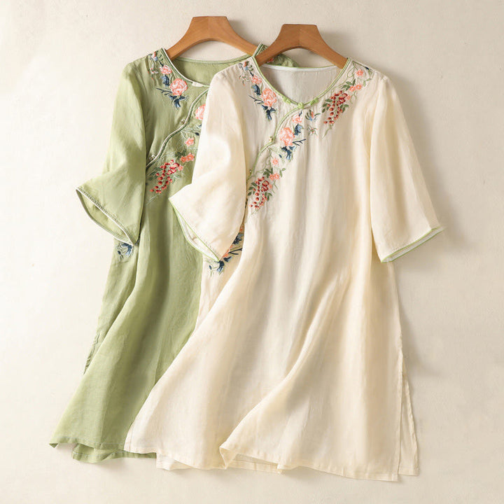 Buddha Stones Embroidery Flower Hem Slit Design Half Sleeve Cotton Linen Zen Midi Dress - image 16