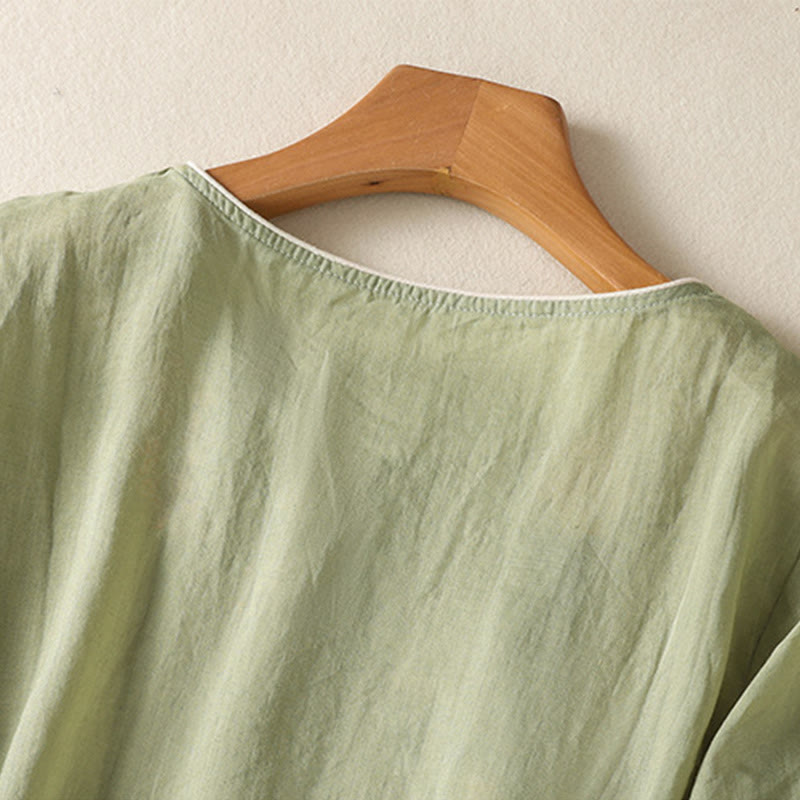 Buddha Stones Embroidery Flower Hem Slit Design Half Sleeve Cotton Linen Zen Midi Dress - image 2