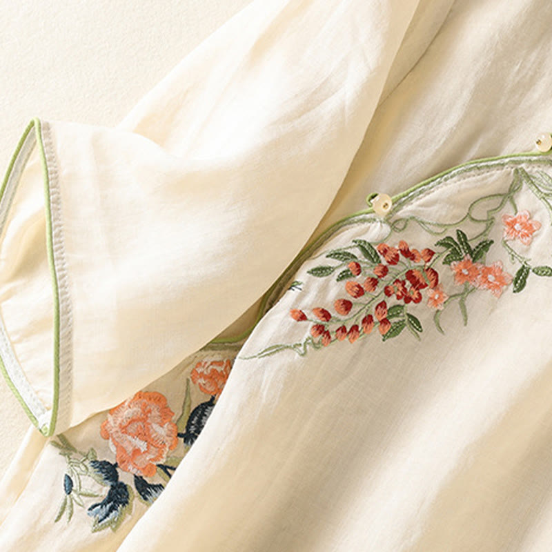 Buddha Stones Embroidery Flower Hem Slit Design Half Sleeve Cotton Linen Zen Midi Dress - image 13