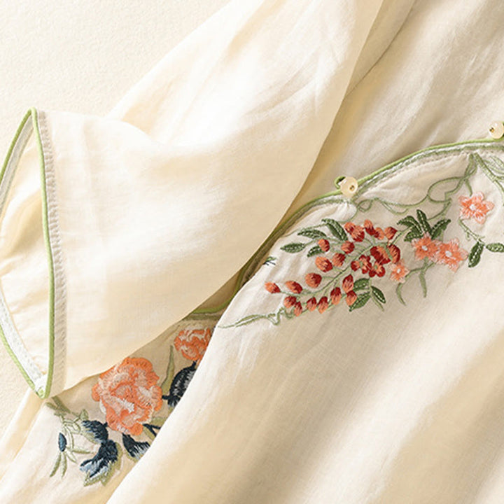 Buddha Stones Embroidery Flower Hem Slit Design Half Sleeve Cotton Linen Zen Midi Dress - image 13