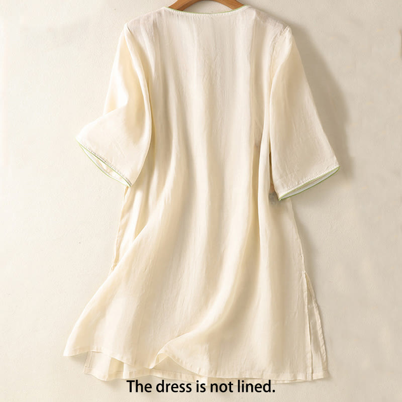Buddha Stones Embroidery Flower Hem Slit Design Half Sleeve Cotton Linen Zen Midi Dress - image 8