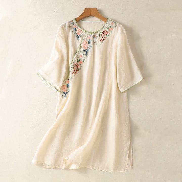 Buddha Stones Embroidery Flower Hem Slit Design Half Sleeve Cotton Linen Zen Midi Dress - Beige - US8-10，UK/AU12-14，EU40-42 (2XL) - image 6