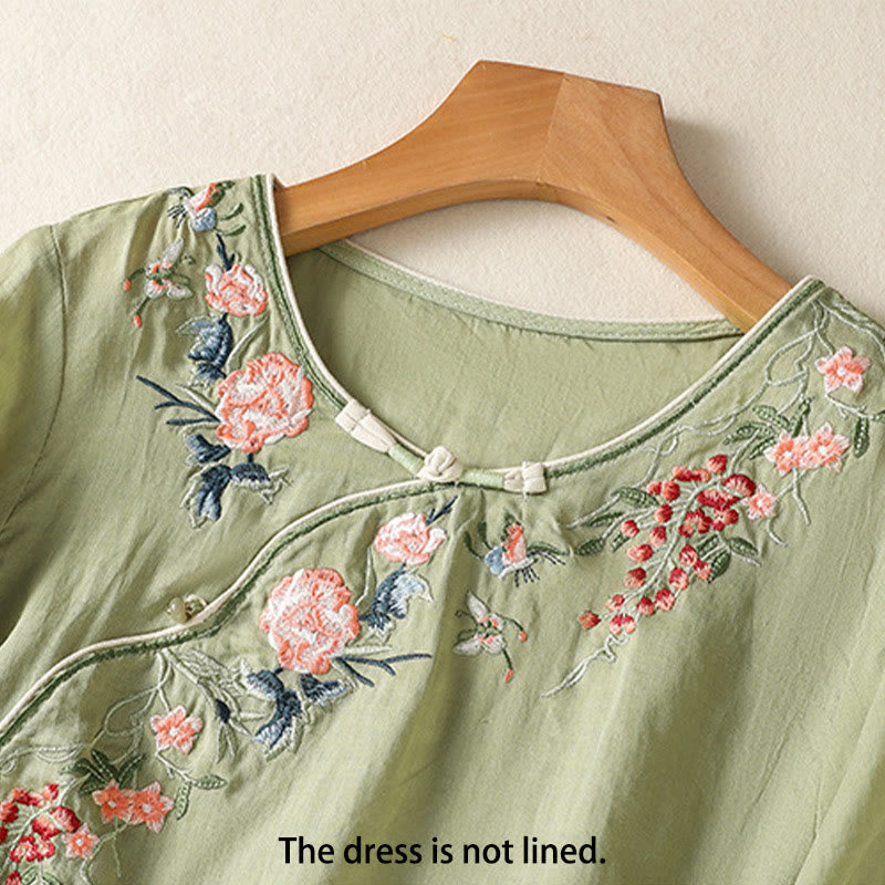 Buddha Stones Embroidery Flower Hem Slit Design Half Sleeve Cotton Linen Zen Midi Dress - image 1