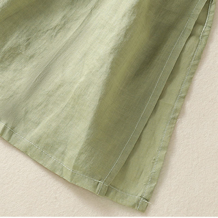 Buddha Stones Embroidery Flower Hem Slit Design Half Sleeve Cotton Linen Zen Midi Dress - image 4