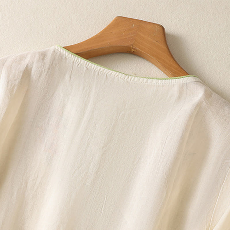 Buddha Stones Embroidery Flower Hem Slit Design Half Sleeve Cotton Linen Zen Midi Dress - image 9