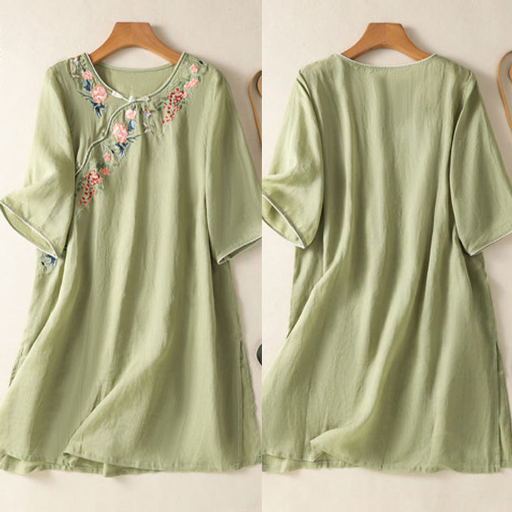 Buddha Stones Embroidery Flower Hem Slit Design Half Sleeve Cotton Linen Zen Midi Dress - image 5