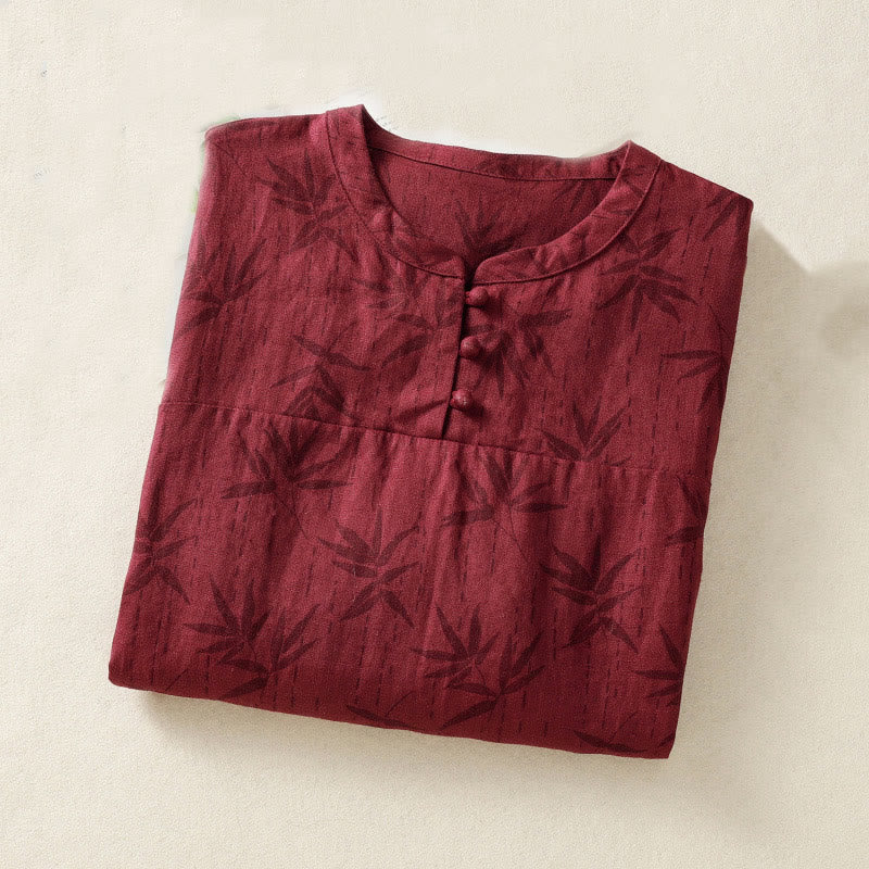 Buddha Stones Printing Leaves Short Sleeve Cotton Cheongsam Midi Dress With Pockets - image 3