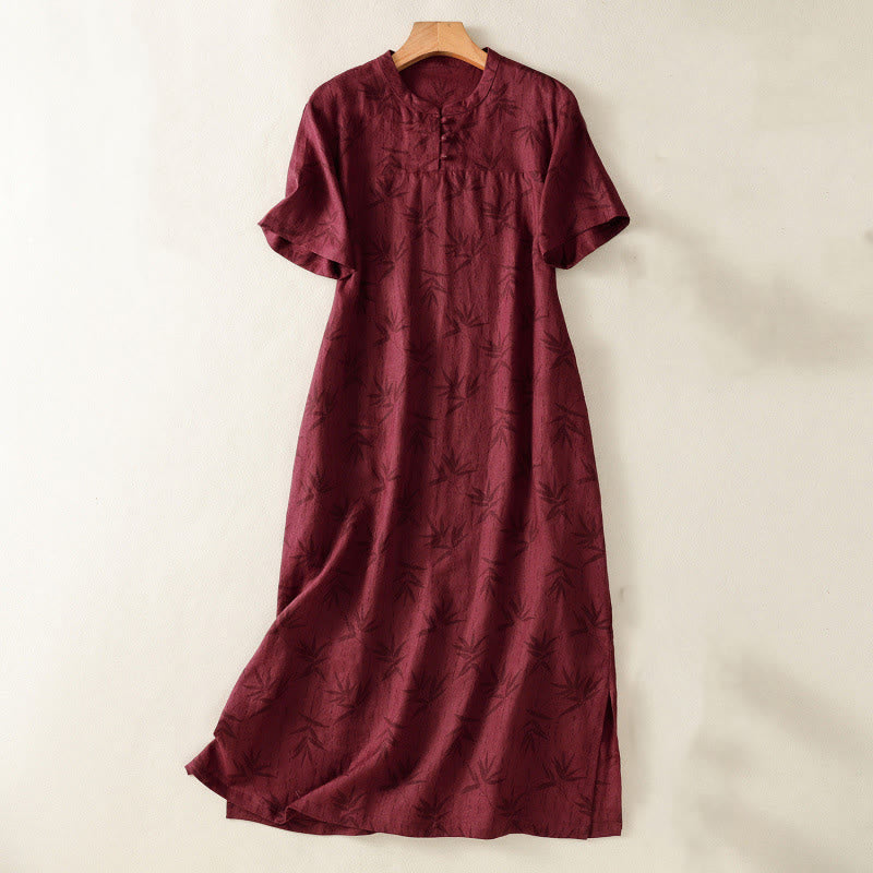Buddha Stones Printing Leaves Short Sleeve Cotton Cheongsam Midi Dress With Pockets - FireBrick - US8-10，UK/AU12-14，EU40-42 (2XL) - image 1