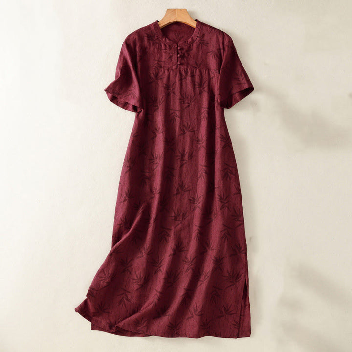 Buddha Stones Printing Leaves Short Sleeve Cotton Cheongsam Midi Dress With Pockets - FireBrick - US8-10，UK/AU12-14，EU40-42 (2XL) - image 1