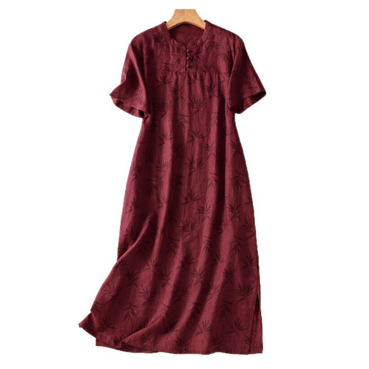 Buddha Stones Printing Leaves Short Sleeve Cotton Cheongsam Midi Dress With Pockets - image 14