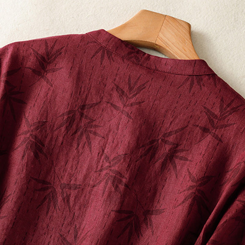 Buddha Stones Printing Leaves Short Sleeve Cotton Cheongsam Midi Dress With Pockets - image 5