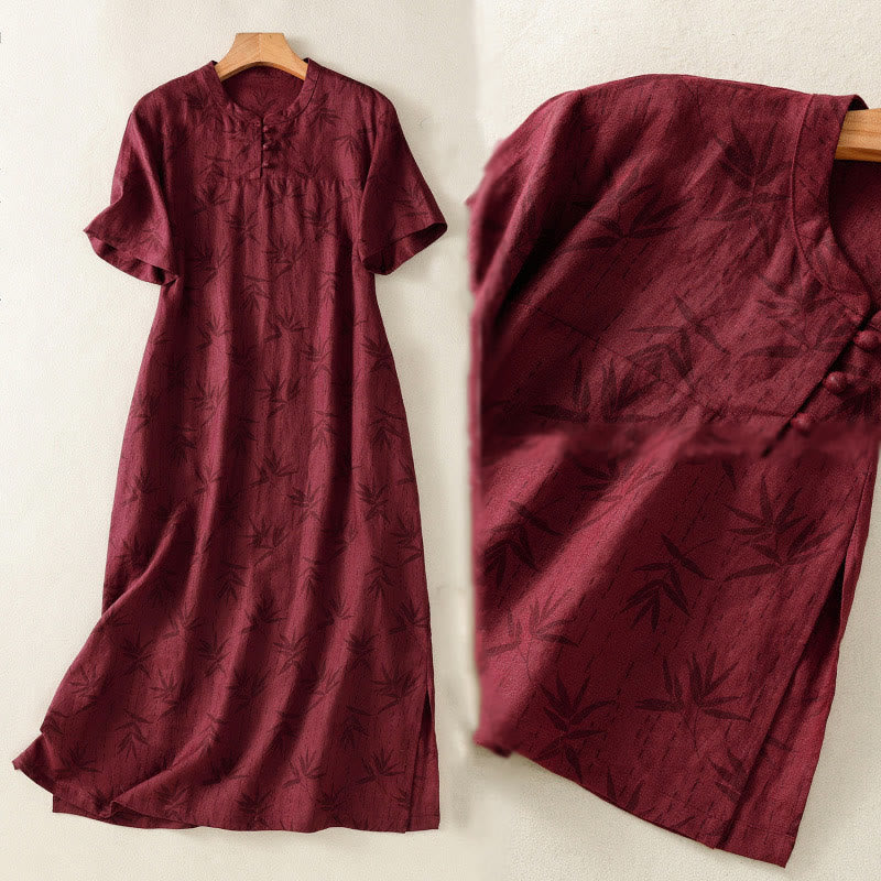 Buddha Stones Printing Leaves Short Sleeve Cotton Cheongsam Midi Dress With Pockets - image 13