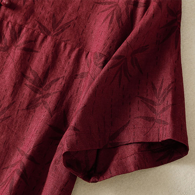 Buddha Stones Printing Leaves Short Sleeve Cotton Cheongsam Midi Dress With Pockets - image 8