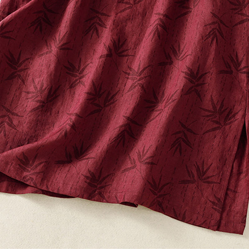 Buddha Stones Printing Leaves Short Sleeve Cotton Cheongsam Midi Dress With Pockets - image 11