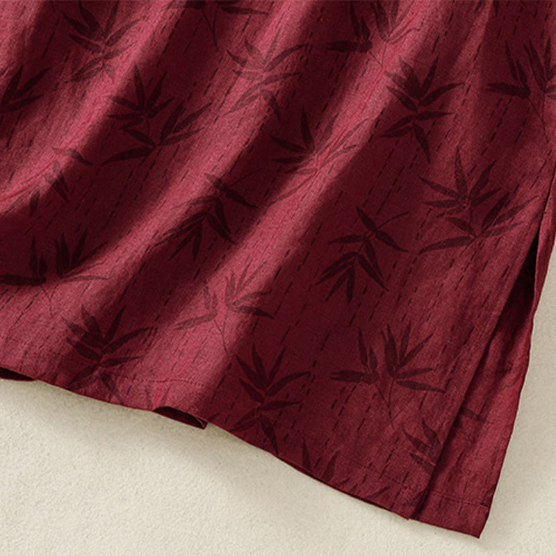 Buddha Stones Printing Leaves Short Sleeve Cotton Cheongsam Midi Dress With Pockets - image 12