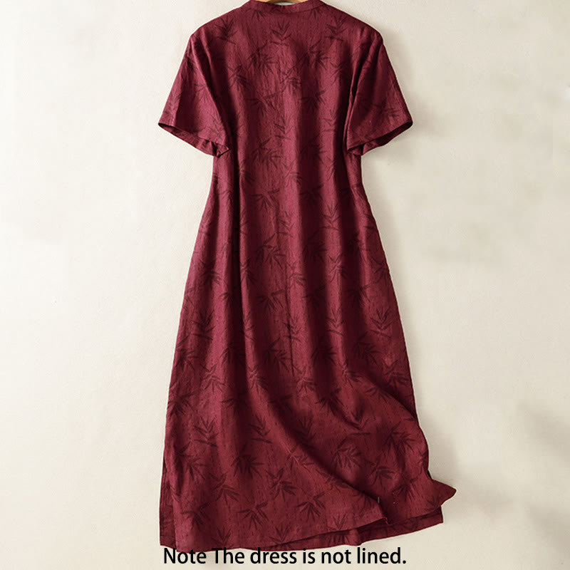 Buddha Stones Printing Leaves Short Sleeve Cotton Cheongsam Midi Dress With Pockets - image 2