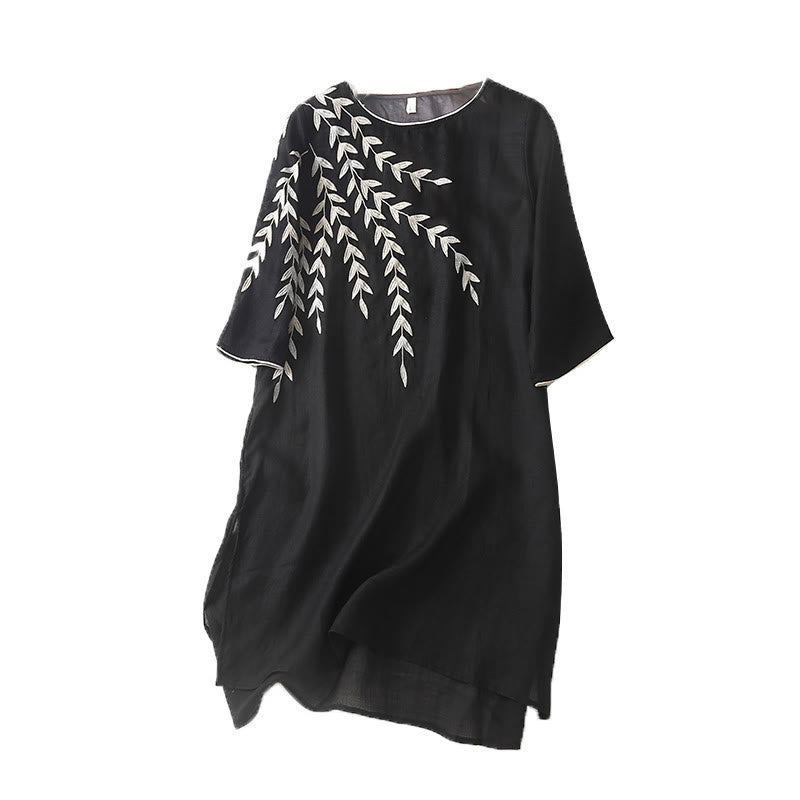 Buddha Stones Casual Embroidery Split Three Quarter Sleeve Cotton Linen Midi Dress - image 11