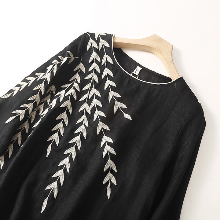 Buddha Stones Casual Embroidery Split Three Quarter Sleeve Cotton Linen Midi Dress - image 2