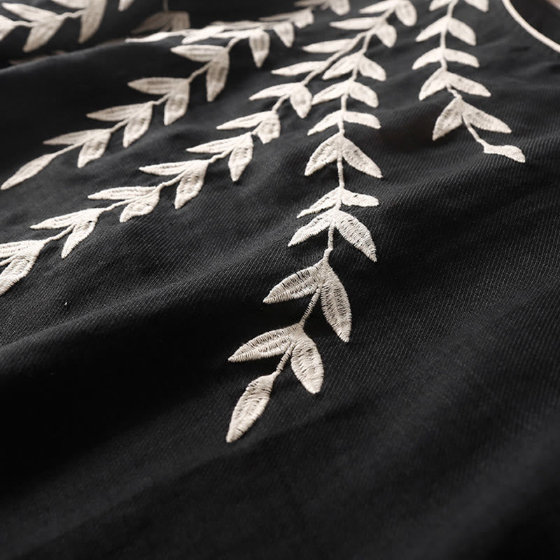 Buddha Stones Casual Embroidery Split Three Quarter Sleeve Cotton Linen Midi Dress - image 5