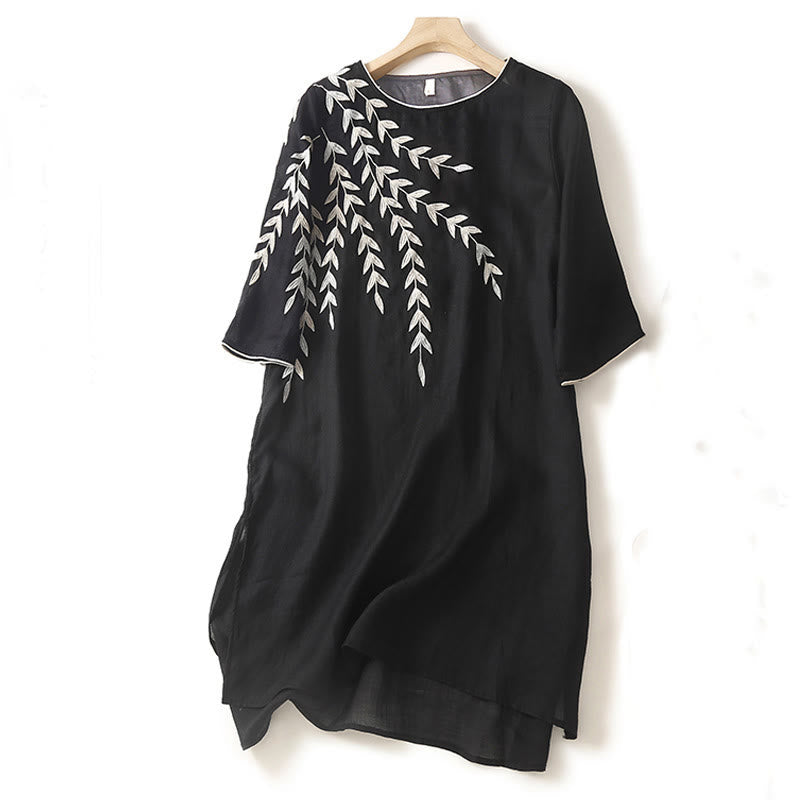 Buddha Stones Casual Embroidery Split Three Quarter Sleeve Midi Dress - Black - US8-10，UK/AU12-14，EU40-42 (2XL) - image 0