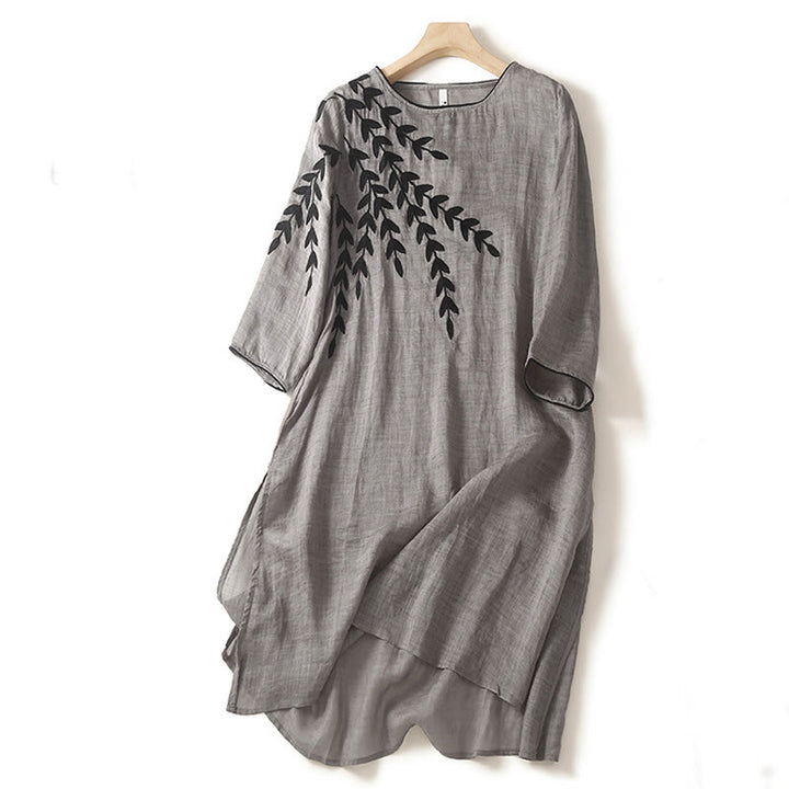 Buddha Stones Casual Embroidery Split Three Quarter Sleeve Midi Dress - DarkGray - US8-10，UK/AU12-14，EU40-42 (2XL) - image 11