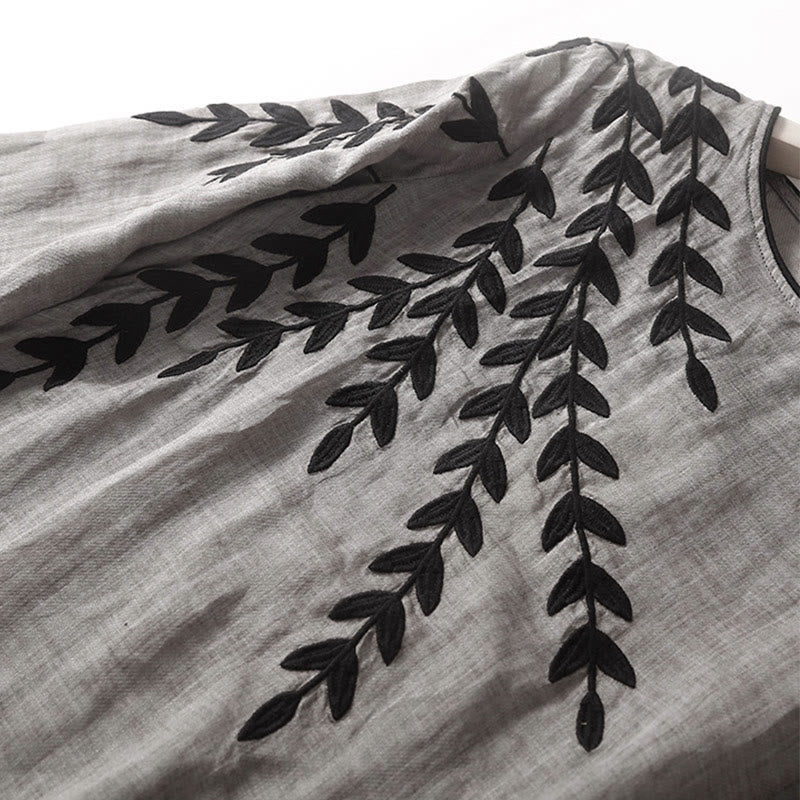 Buddha Stones Casual Embroidery Split Three Quarter Sleeve Cotton Linen Midi Dress - image 14