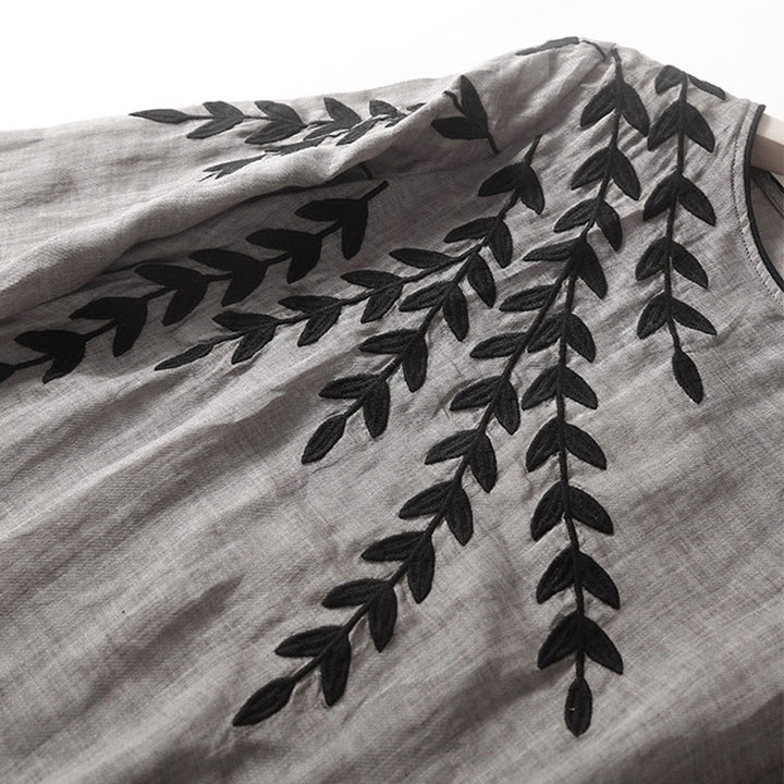 Buddha Stones Casual Embroidery Split Three Quarter Sleeve Cotton Linen Midi Dress - image 14