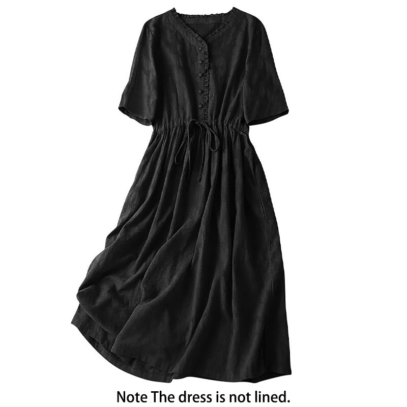 Buddha Stones Summer Jacquard Drawstring Pleated Design Cotton Linen Midi Dress With Pockets - image 17