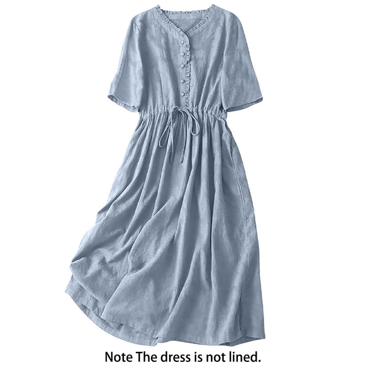 Buddha Stones Summer Jacquard Drawstring Pleated Design Cotton Linen Midi Dress With Pockets - image 20