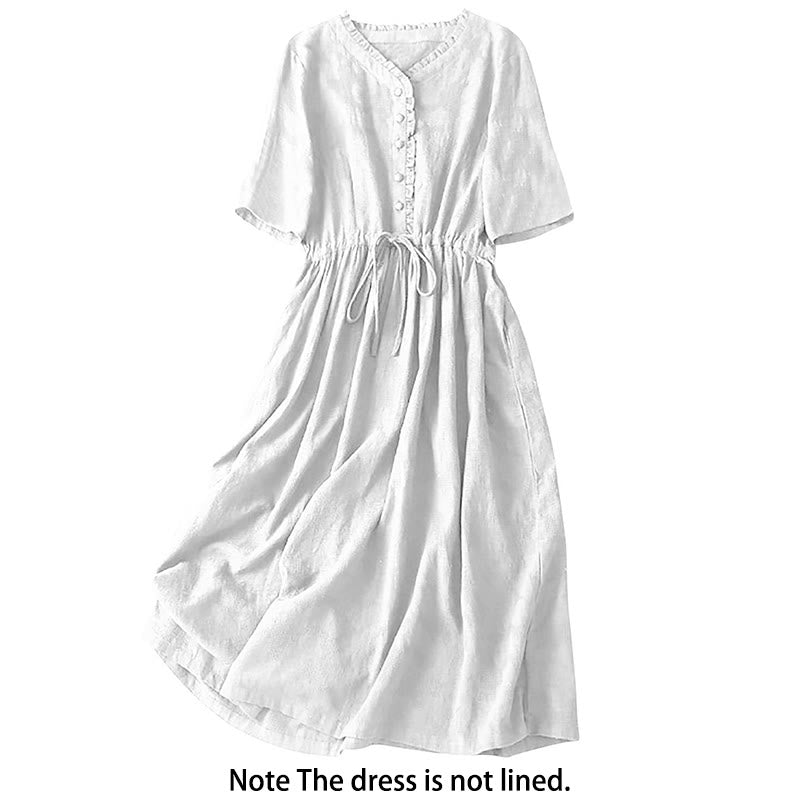Buddha Stones Summer Jacquard Drawstring Pleated Design Cotton Linen Midi Dress With Pockets - image 7