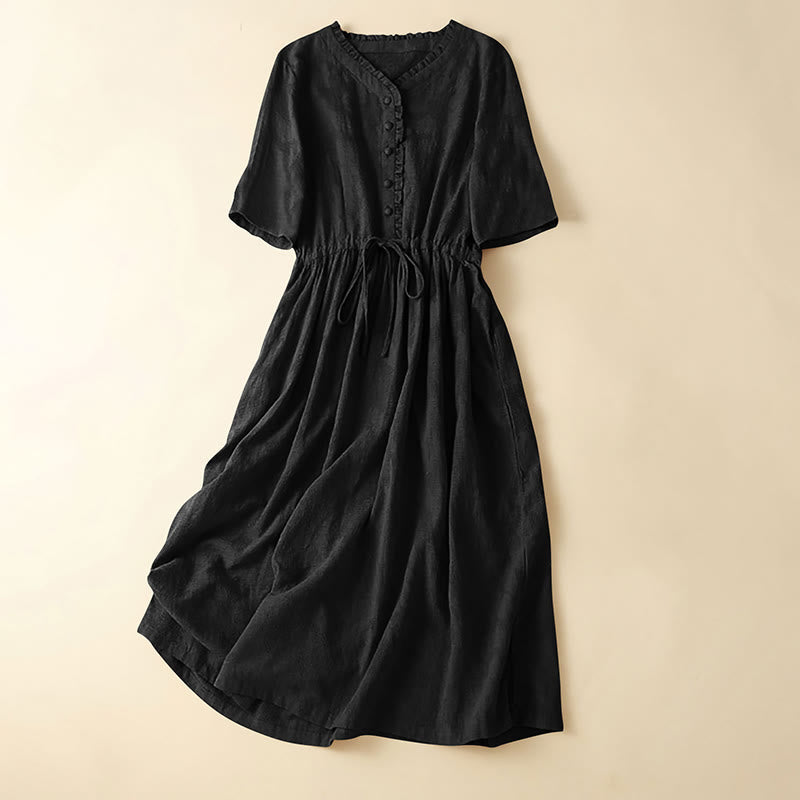 Buddha Stones Summer Jacquard Drawstring Pleated Design Cotton Linen Midi Dress With Pockets - Black - US14，UK/AU18，EU46 (2XL) - image 16
