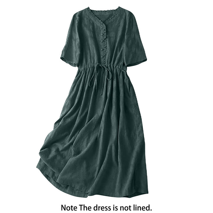 Buddha Stones Summer Jacquard Drawstring Pleated Design Cotton Linen Midi Dress With Pockets - image 5