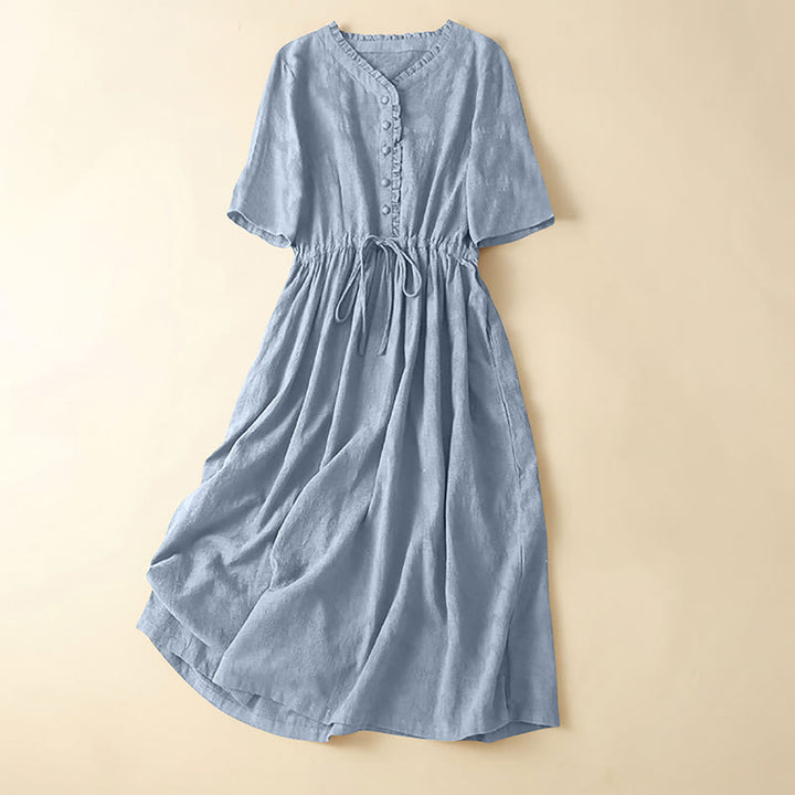 Buddha Stones Summer Jacquard Drawstring Pleated Design Cotton Linen Midi Dress With Pockets - LightSteelBlue - US14，UK/AU18，EU46 (2XL) - image 19
