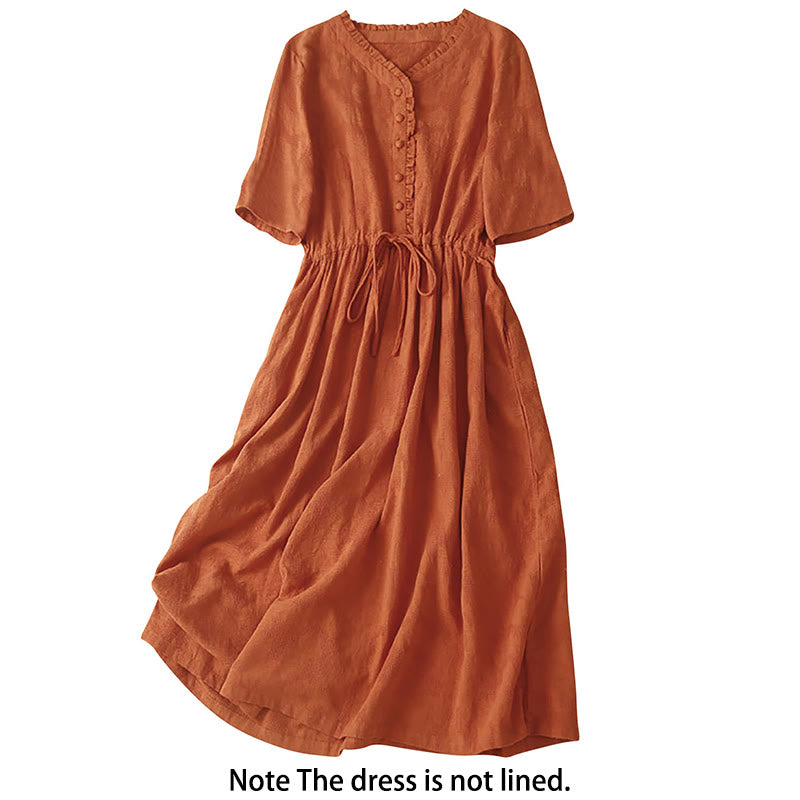 Buddha Stones Summer Jacquard Drawstring Pleated Design Cotton Linen Midi Dress With Pockets - image 2