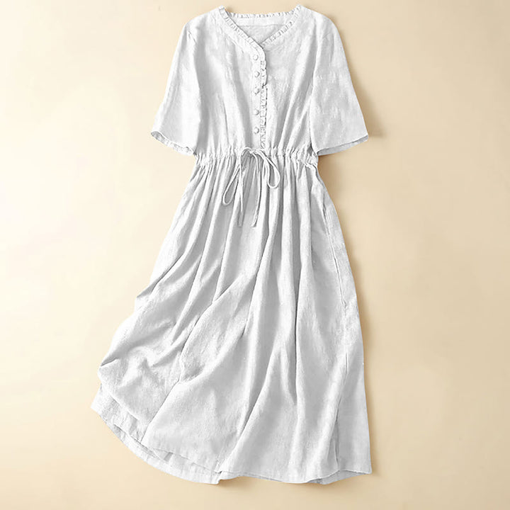 Buddha Stones Summer Jacquard Drawstring Pleated Design Cotton Linen Midi Dress With Pockets - White - US14，UK/AU18，EU46 (2XL) - image 7