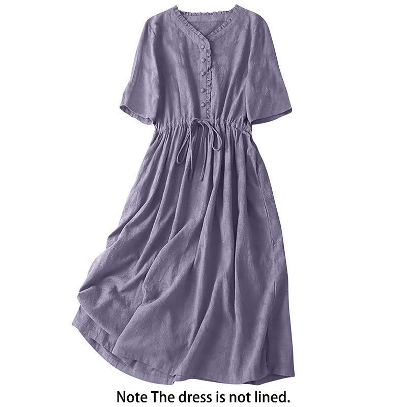 Buddha Stones Summer Jacquard Drawstring Pleated Design Cotton Linen Midi Dress With Pockets - image 11