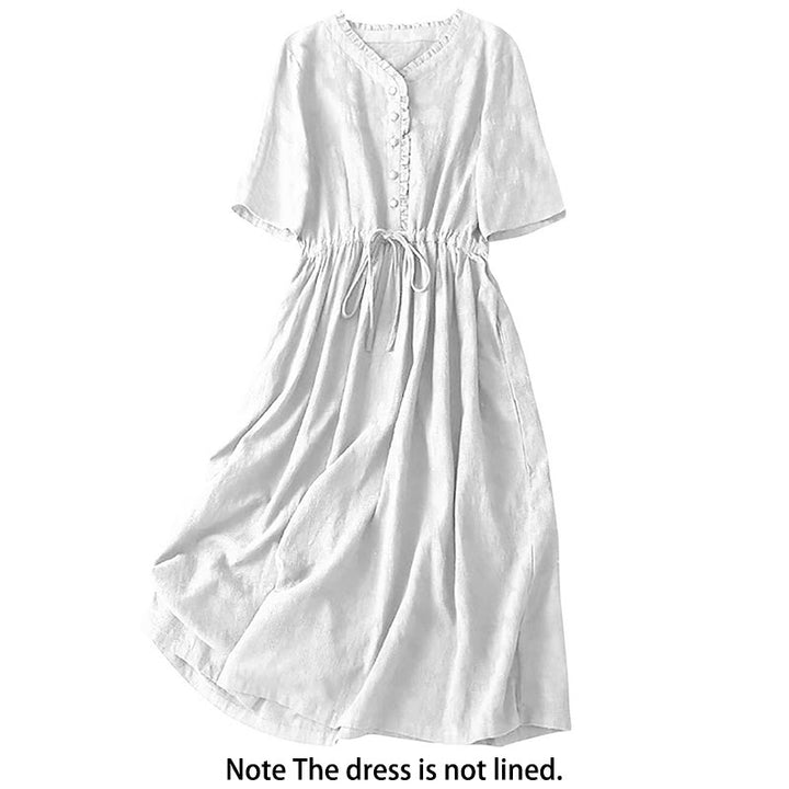 Buddha Stones Summer Jacquard Drawstring Pleated Design Cotton Linen Midi Dress With Pockets - image 8