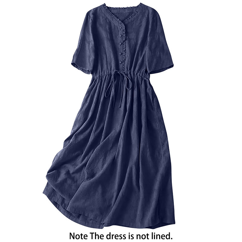 Buddha Stones Summer Jacquard Drawstring Pleated Design Cotton Linen Midi Dress With Pockets - image 14