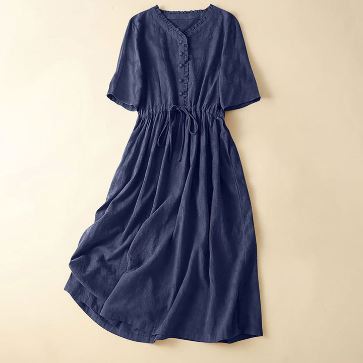 Buddha Stones Summer Jacquard Drawstring Pleated Design Cotton Linen Midi Dress With Pockets - Indigo - US14，UK/AU18，EU46 (2XL) - image 13