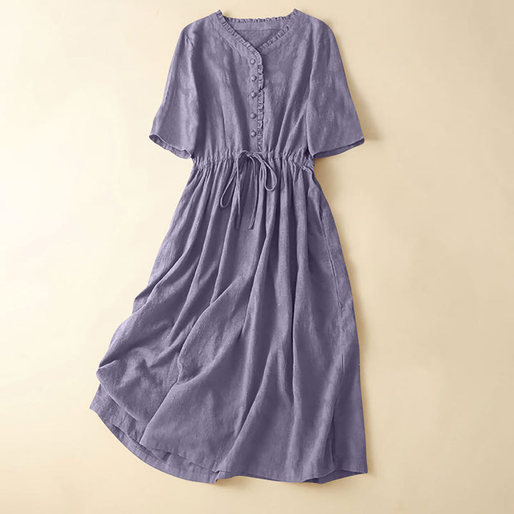 Buddha Stones Summer Jacquard Drawstring Pleated Design Cotton Linen Midi Dress With Pockets - MediumOrchid - US14，UK/AU18，EU46 (2XL) - image 10