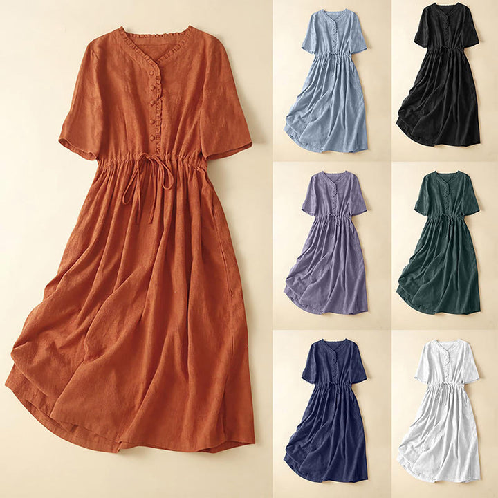 Buddha Stones Summer Jacquard Drawstring Pleated Design Cotton Linen Midi Dress With Pockets - image 22