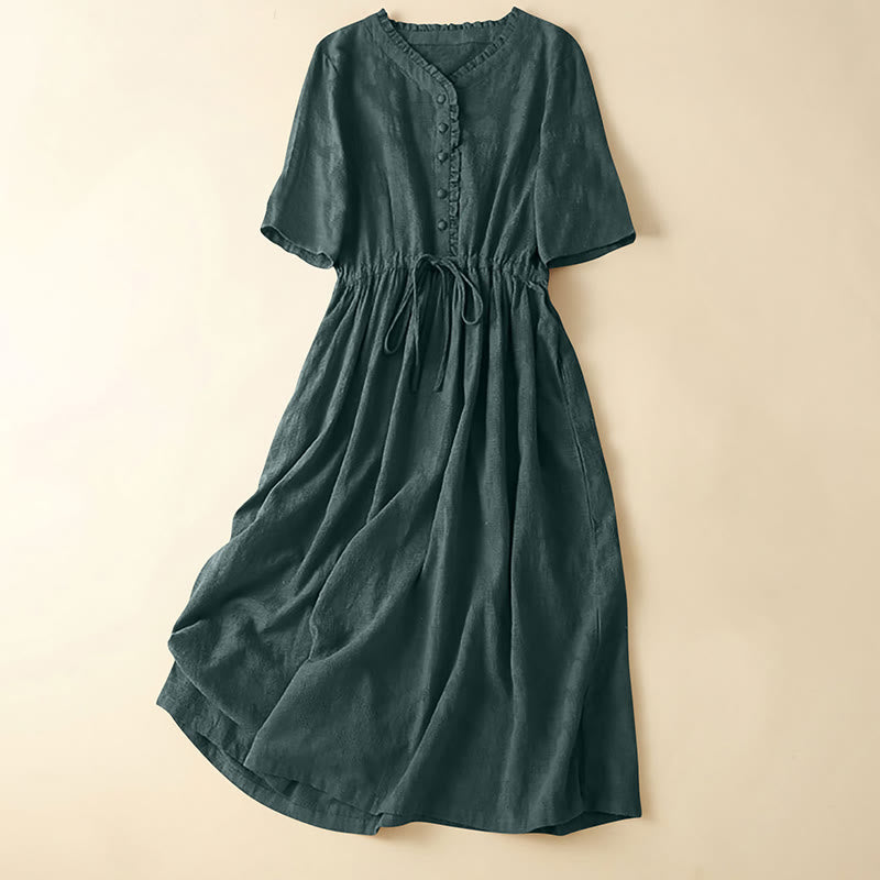 Buddha Stones Summer Jacquard Drawstring Pleated Design Cotton Linen Midi Dress With Pockets - DarkGreen - US14，UK/AU18，EU46 (2XL) - image 4