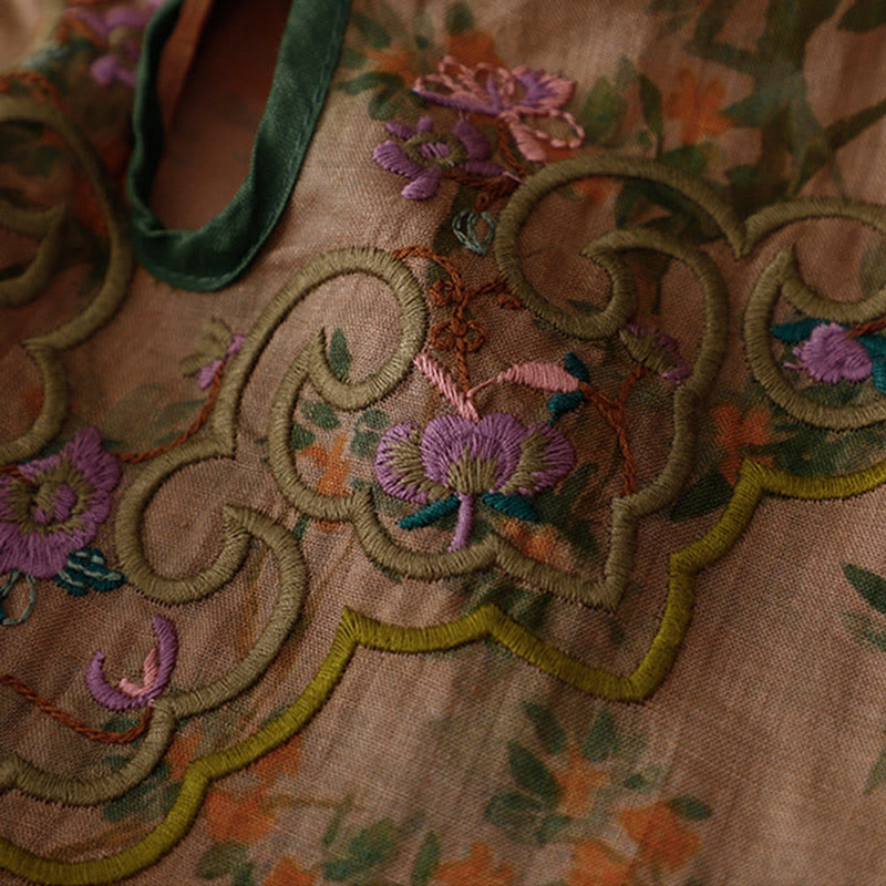 Buddha Stones Retro Embroidery Frog-Button Cotton Linen Cheongsam Midi Dress With Pockets - image 4