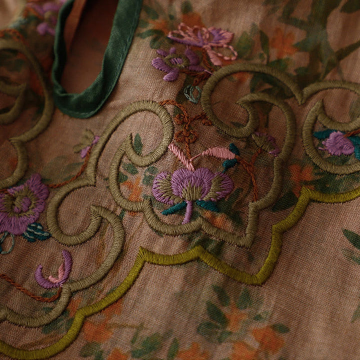 Buddha Stones Retro Embroidery Frog-Button Cotton Linen Cheongsam Midi Dress With Pockets - image 4