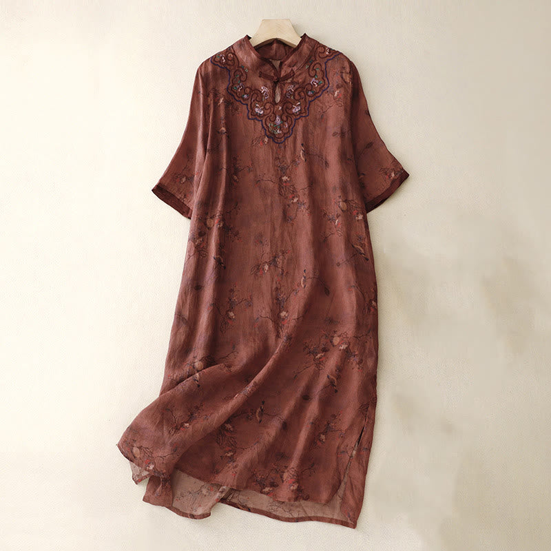 Buddha Stones Retro Embroidery Frog-Button Cotton Linen Cheongsam Midi Dress With Pockets - FireBrick - US8-10，UK/AU12-14，EU40-42 (2XL) - image 8