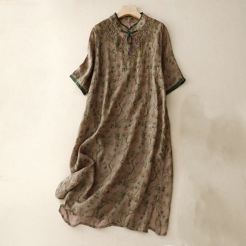 Buddha Stones Retro Embroidery Frog-Button Cotton Linen Cheongsam Midi Dress With Pockets - DarkKhaki - US8-10，UK/AU12-14，EU40-42 (2XL) - image 1