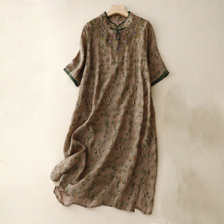 Buddha Stones Retro Embroidery Frog-Button Cotton Linen Cheongsam Midi Dress With Pockets - DarkKhaki - US8-10，UK/AU12-14，EU40-42 (2XL) - image 1