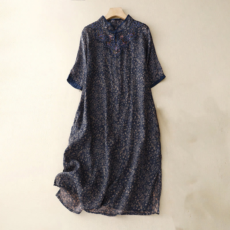 Buddha Stones Retro Embroidery Frog-Button Cotton Linen Cheongsam Midi Dress With Pockets - MidnightBlue - US8-10，UK/AU12-14，EU40-42 (2XL) - image 12