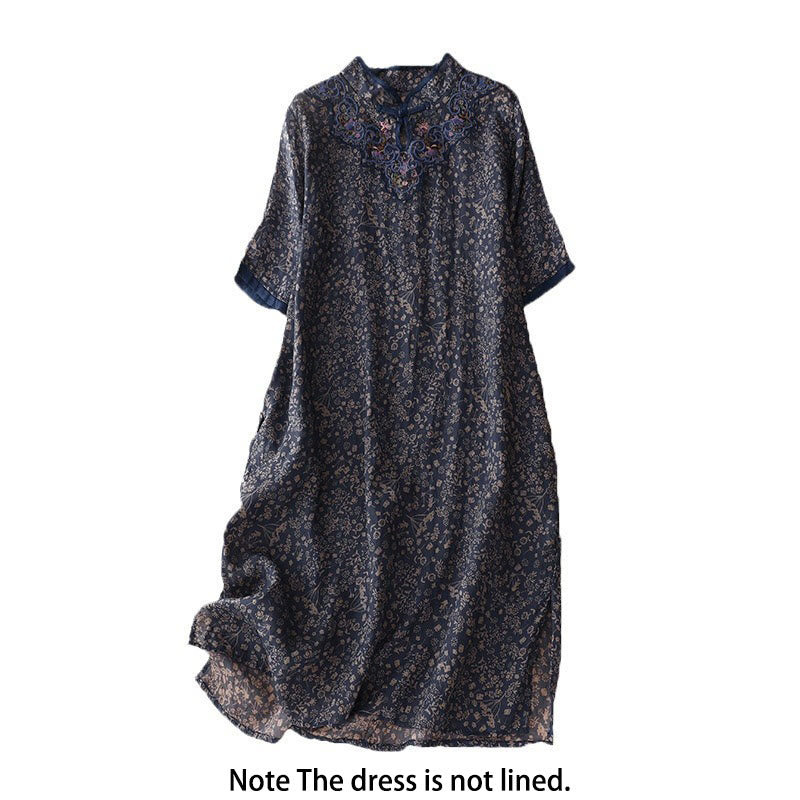 Buddha Stones Retro Embroidery Frog-Button Cotton Linen Cheongsam Midi Dress With Pockets - image 13