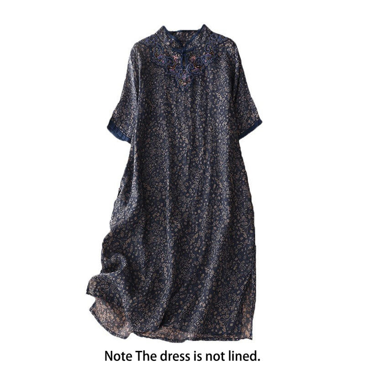 Buddha Stones Retro Embroidery Frog-Button Cotton Linen Cheongsam Midi Dress With Pockets - image 13